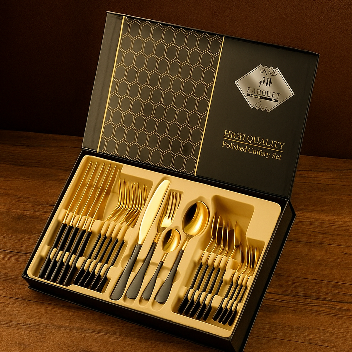 Juego de Cubiertos Dorados de Acero 24K Inoxidable – 24 Piezas con Caja de Lujo